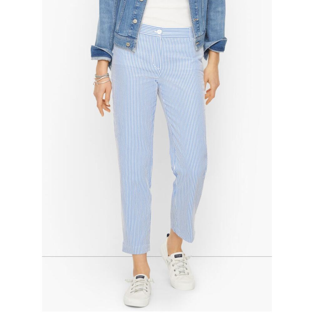 Talbots Womens 10 Blue White Seersucker Crop Pants Lightweight Summer Casual NEW